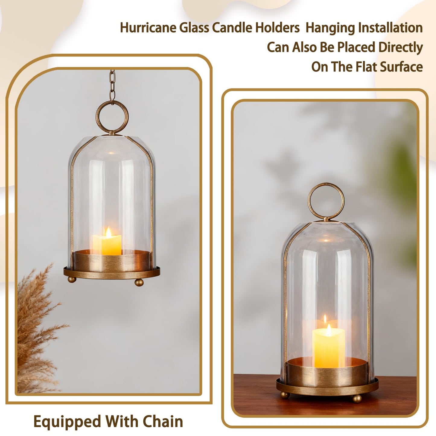 Large & Small Cloche Glass Dome Candle Holders - Glass Hurricane Candle Holder,Gold Candlestick & Lanterns Set of 2 Can Be Placed Desktop Hung,for Pillar Candles,Plants Decorative