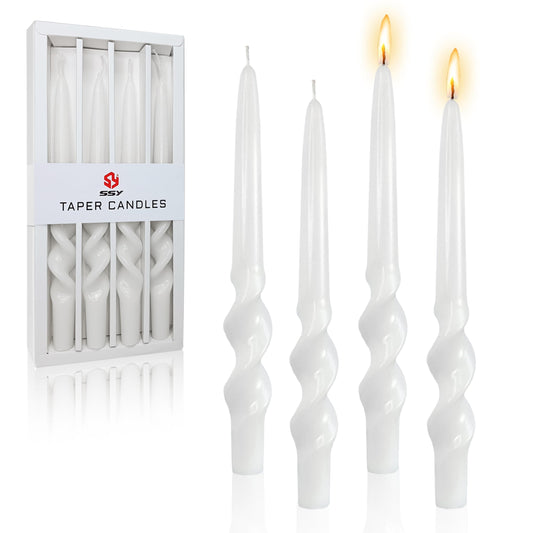 FCMSHAMD Handmade Spiral Taper Candles - Unscented Long Candles Colored Wax Twisted Candle - 10 Inch Candle Sticks for Wedding Dinner Party Decoration - Set of 4(White)