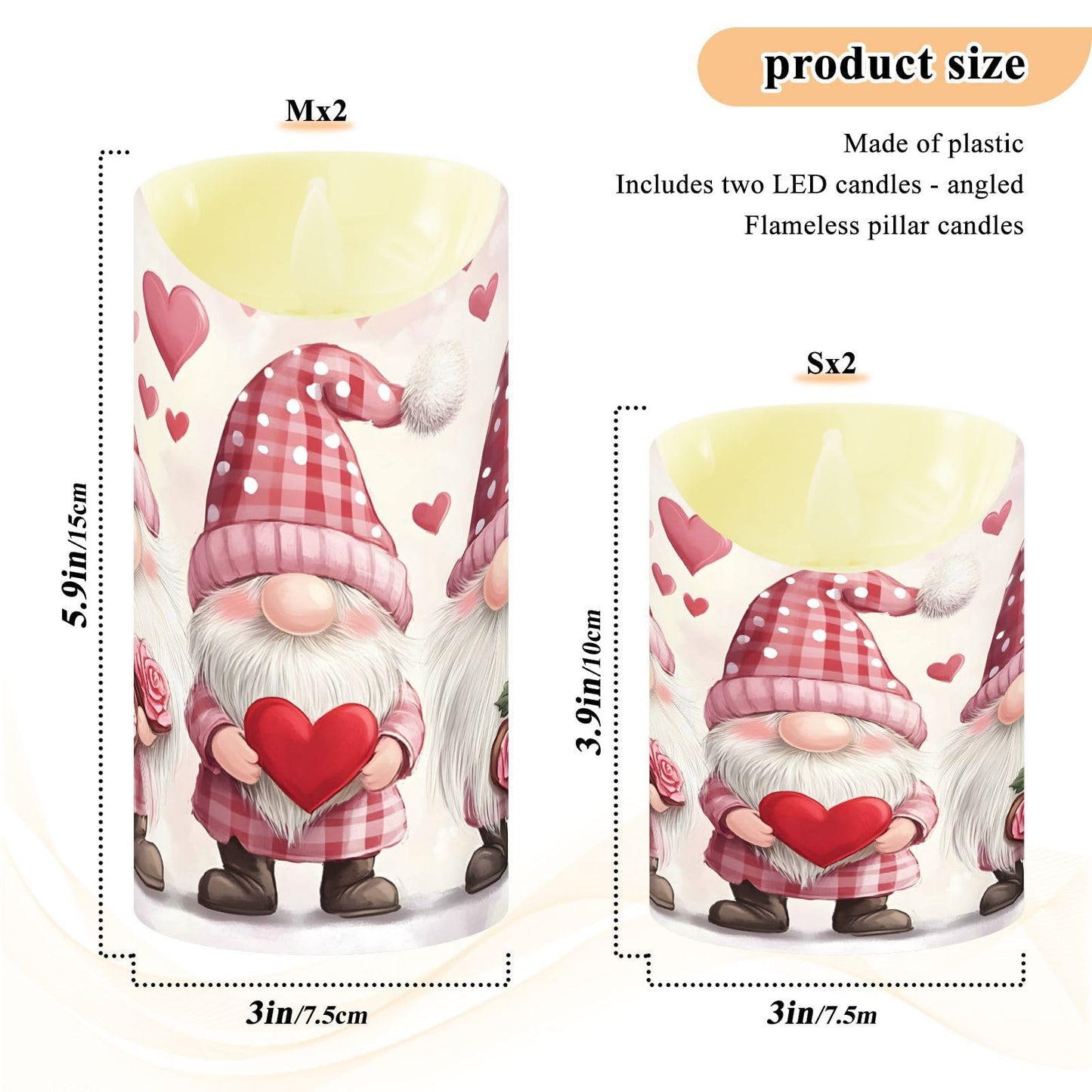 Valentines Day Gnome Pink Rose Flowers Hearts Flameless Candles with Remote Timer,LED Flickering Battery Operated Electric Pillar Tea Light Candles for Wedding Table Christmas Decorations 3" x5.9"