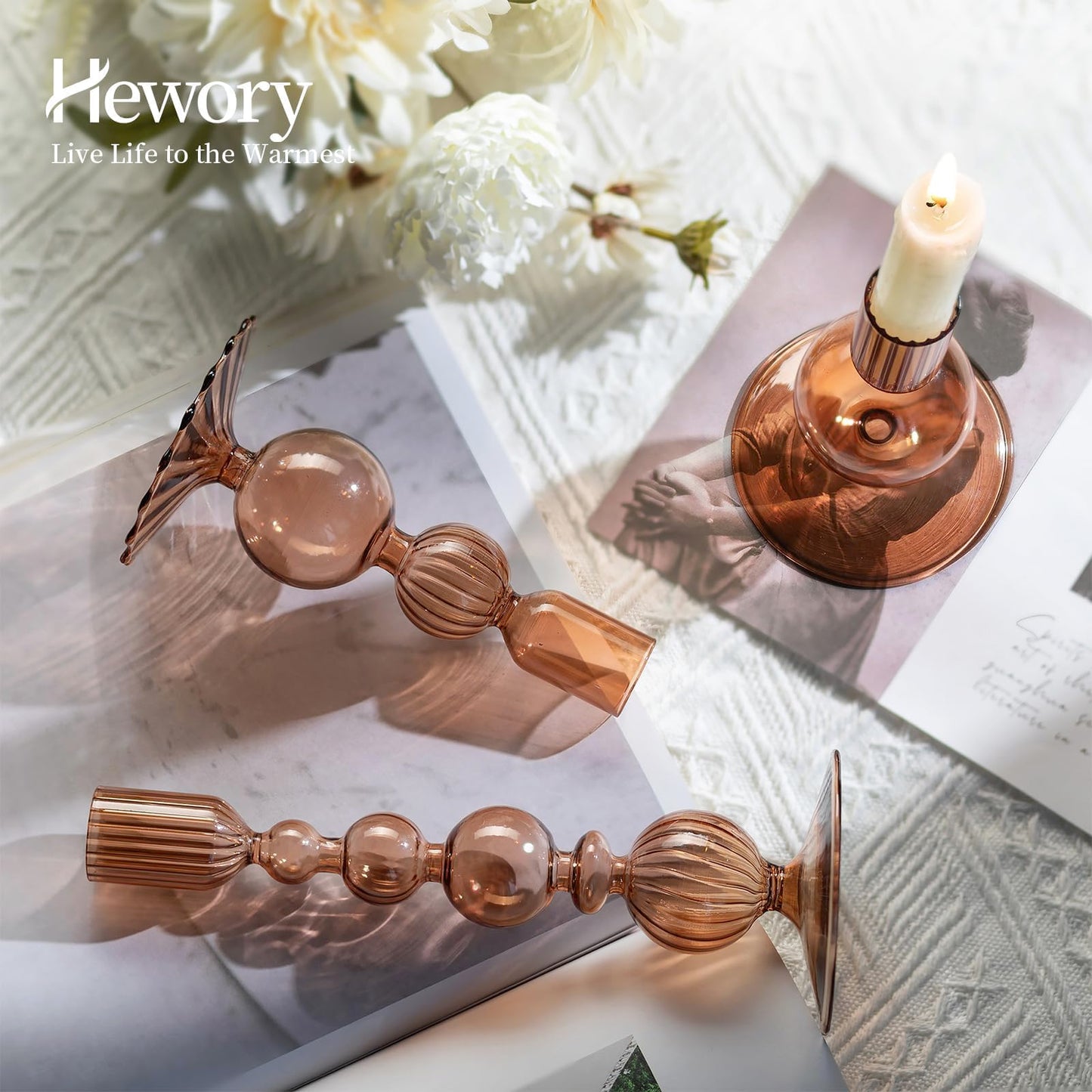 Hewory Glass Candlestick Holders Set: 3PCS Brown Candle Holder Taper Candle Holders Bulk, Crystal Ribbed Candle Sticks Holder Decor for Table Centerpiece Wedding Christmas Thanksgiving Dinner