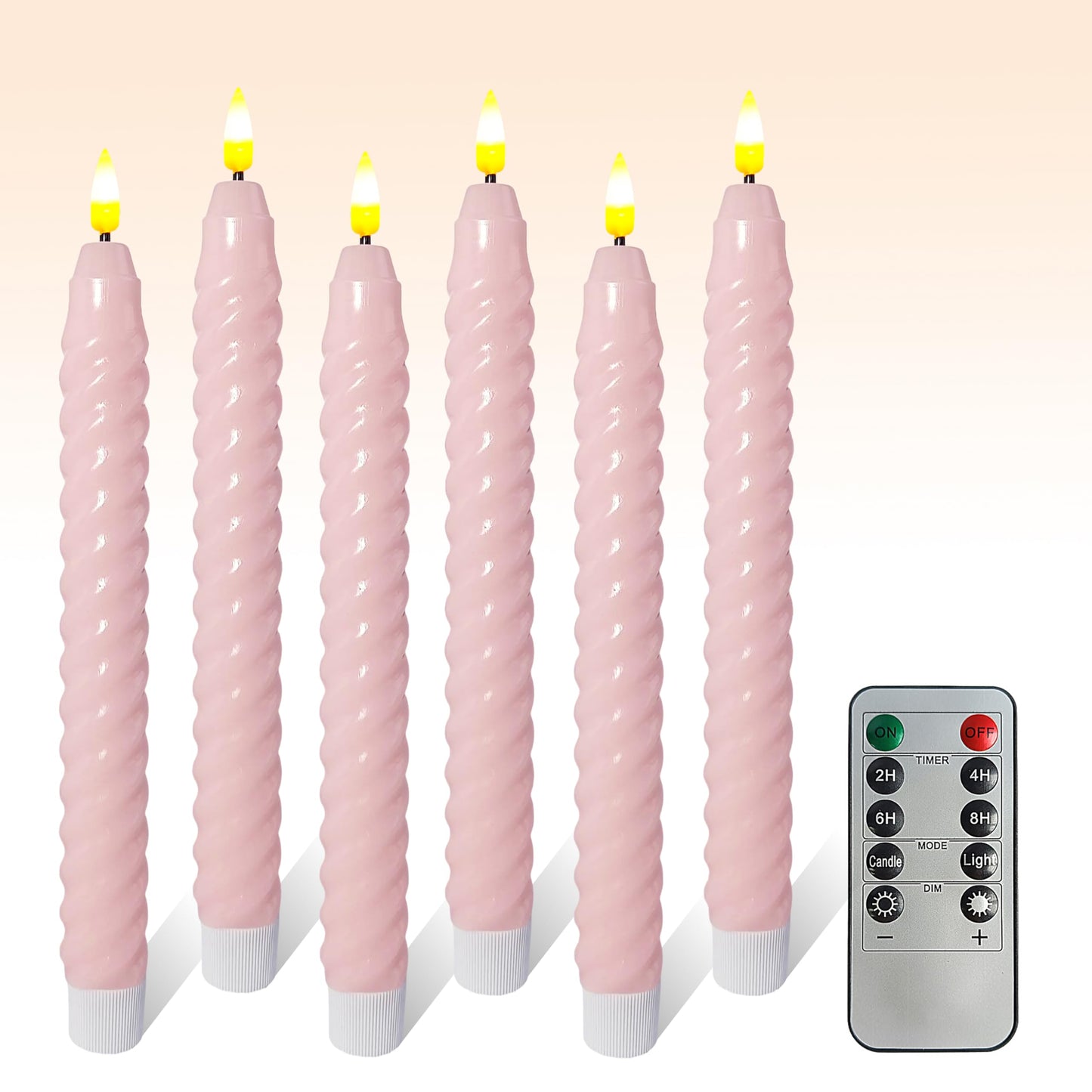 FCMSHAMD Pink Spiral Flameless Taper Candles, 9.8 Inch Flickering Candles with Remote and Timer, Real Wax Candlesticks LED Battery Operated 3D Wick for Wedding Party Home Decor, 6PCS