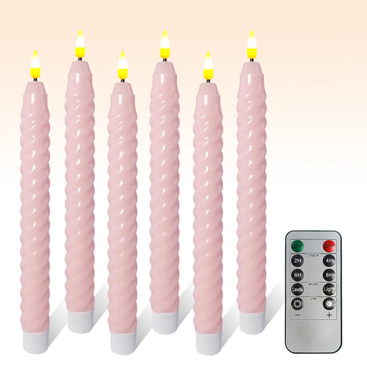 FCMSHAMD Pink Spiral Flameless Taper Candles, 9.8 Inch Flickering Candles with Remote and Timer, Real Wax Candlesticks LED Battery Operated 3D Wick for Wedding Party Home Decor, 6PCS