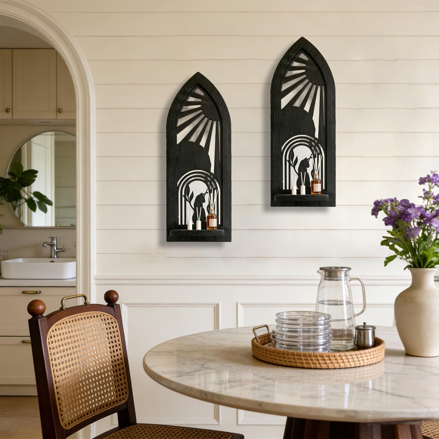 ZEXUIRU 2 Set Rustic Candle Sconces Living Room Bedroom Entryway Wood Mirrored, Farmhouse, Carved Frame Wall-Mount Wooden Candle Holders Wall Decor Hanging Handmade Holder - Black