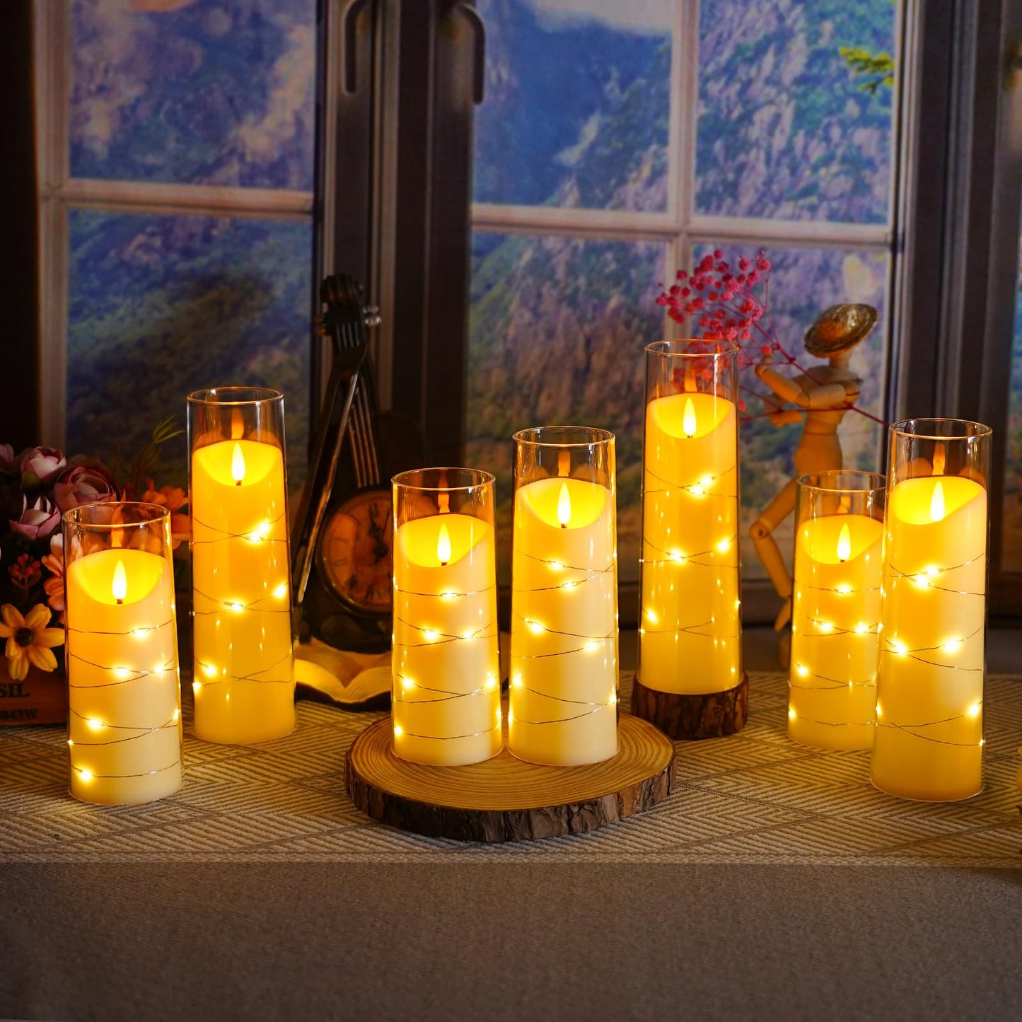 Eebuss Flameless Candles with Embedded Star String, Battery Operated LED Pillar Candles with Timer and Remote Control,Home Decorating for Ambiance， Set of 9 (Ivory)