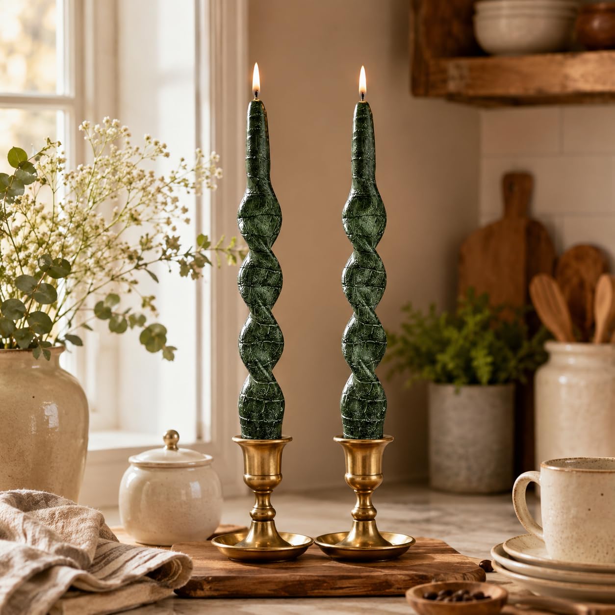 Snake Pattern Spiral Taper Candles Set of 2, 10 Inch Green Handmade Candle Stick, Unscented Twisted Candles, Tapered Candles for Wedding Dinner Home Decor Gift