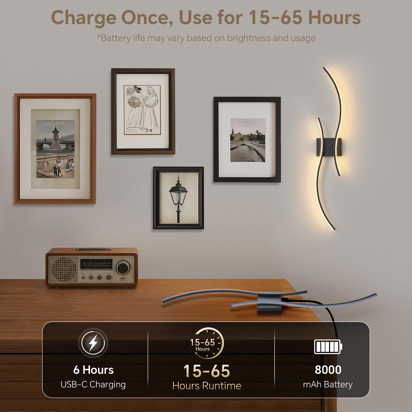 GLOTHOR Battery Operated Wall Sconce Set of 2, Dimmable Modern LED Rechargeable Wall Light with Remote Control, Wall Decor for Living Room, Hallway, Quick Install, No Electrician Required