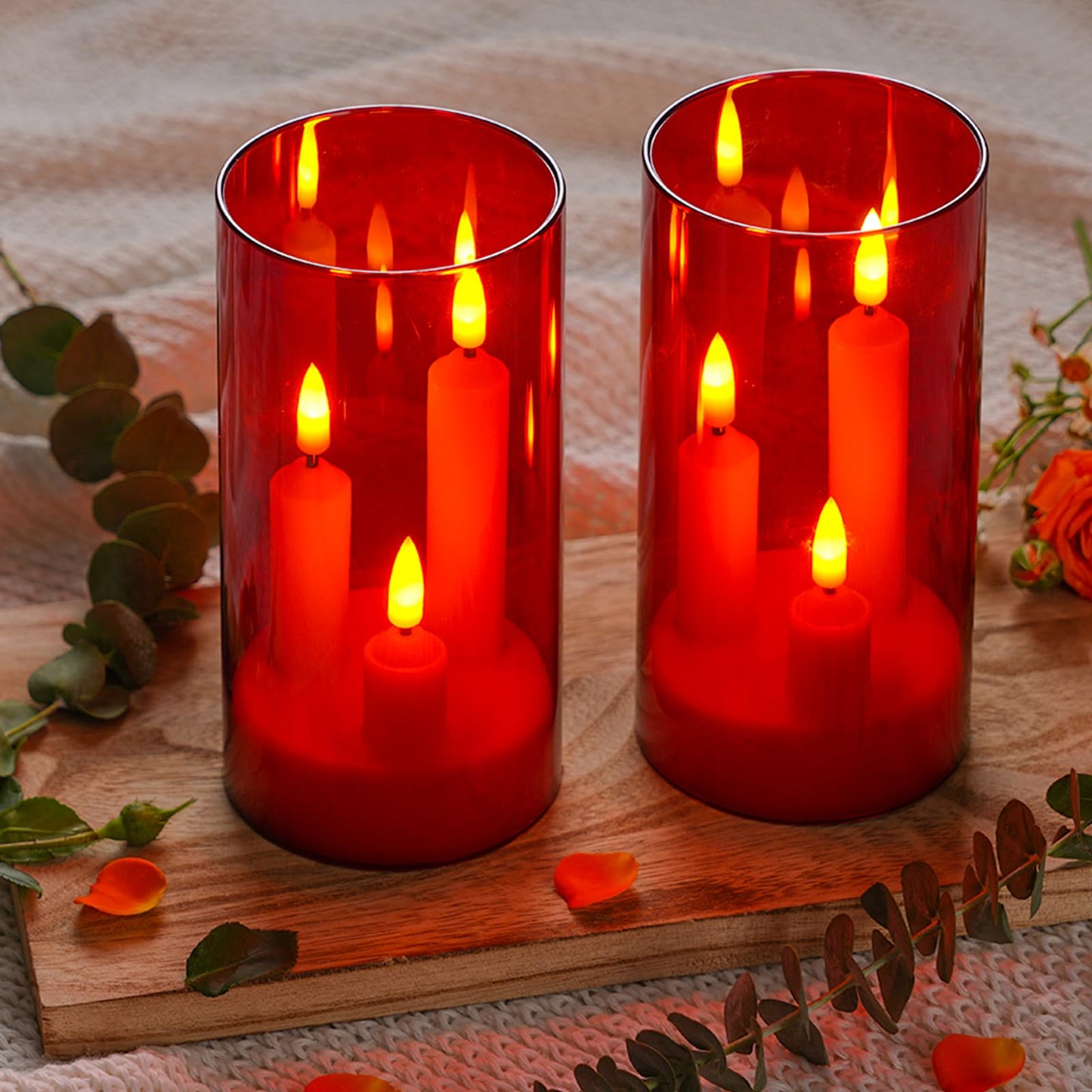 2 Pack 3D Wick Flameless Taper Candles, Red Transparent Acrylic Cover LED Flickering Candle Lights, Remote Control Battery Operated Electric Candles for Valentine Wedding Christmas Home Table Decor.