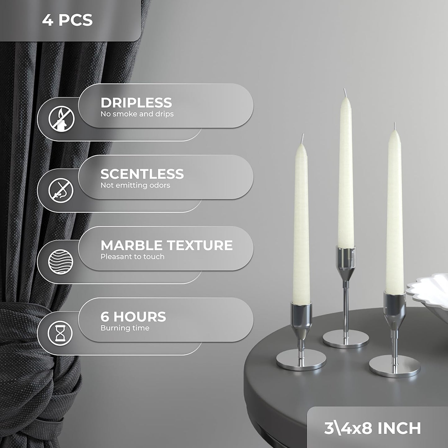 CANDWAX Ivory Taper Candles 8 inch Dripless - Set of 4 Tapered Candle Ideal for Dinner - Smokeless and Unscented Candlesticks Long Burning