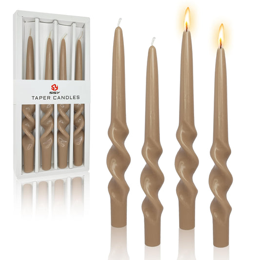FCMSHAMD Handmade Spiral Taper Candles - Unscented Long Candles Colored Wax Twisted Candle - 10 Inch Candle Sticks for Wedding Dinner Party Decoration - Set of 4(Brown)
