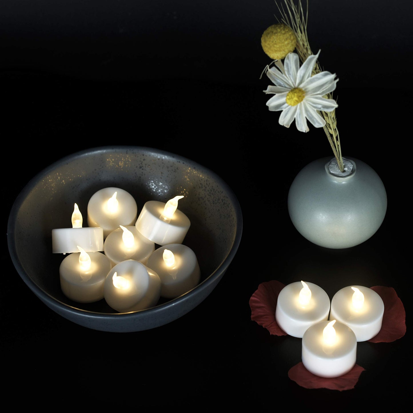 JUNPEI 50Pack Battery Tea Lights Candles- LED Tea Lights Realistic Bright Flickering Holiday Gift Operated Flameless LED Tea Light for Seasonal & Festival Celebration Warm White Lamp Battery Powered