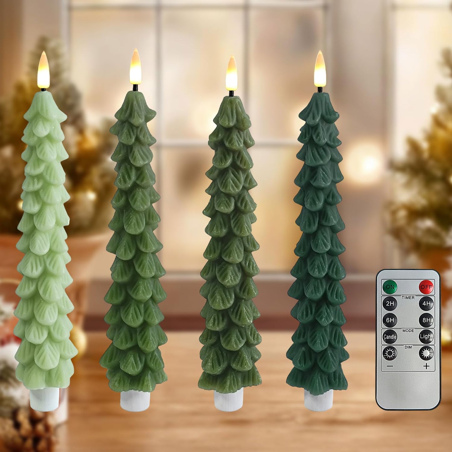 FCMSHAMD Gradient Green Christmas Trees Flickering Flameless Candles with Remote and Timer, Real Wax 3D Flame Wick LED Candles, 9.8 Inch Battery Operated Candles for Christmas Home Decoration，4PCS