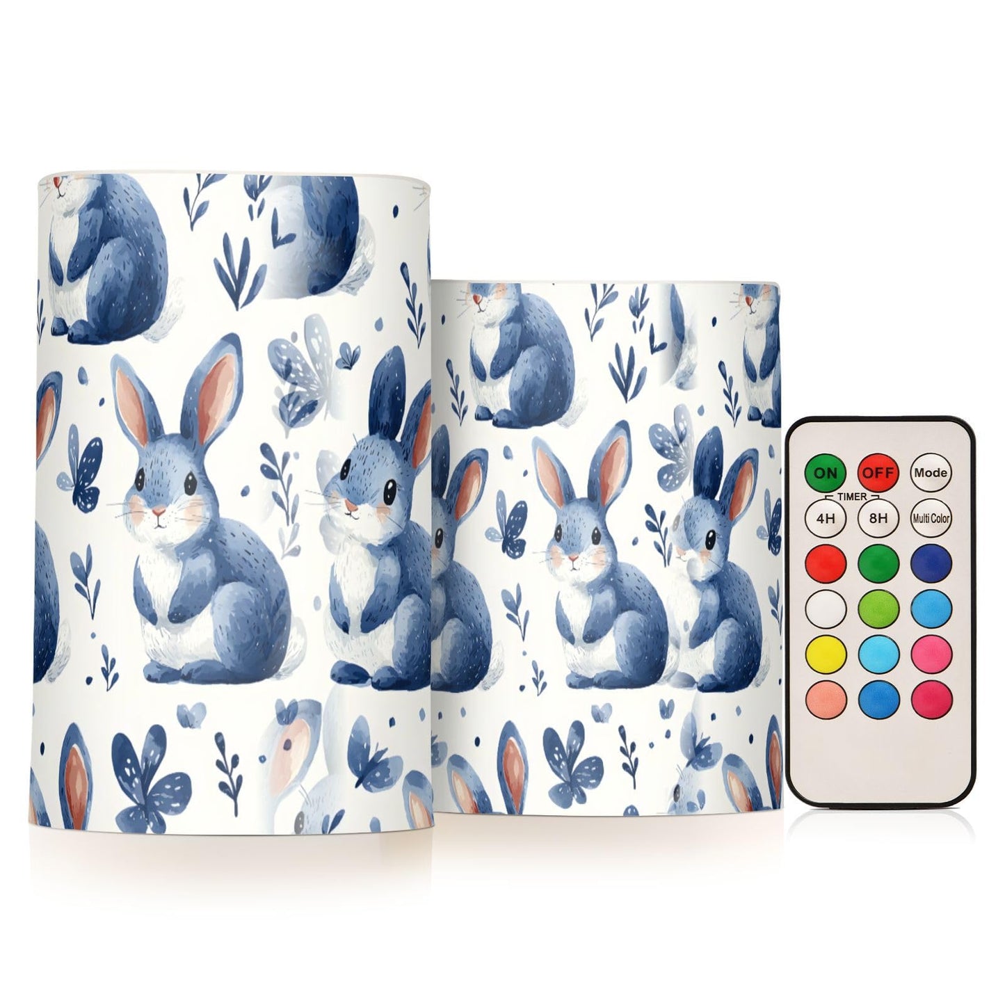 zyrtty Easter 2 Pack Plastic Flameless Candles Blue Bunny Floral Pattern Battery Operated with Remote and Timer Real Wax LED Flickering Pillar Candles Set Window Decor