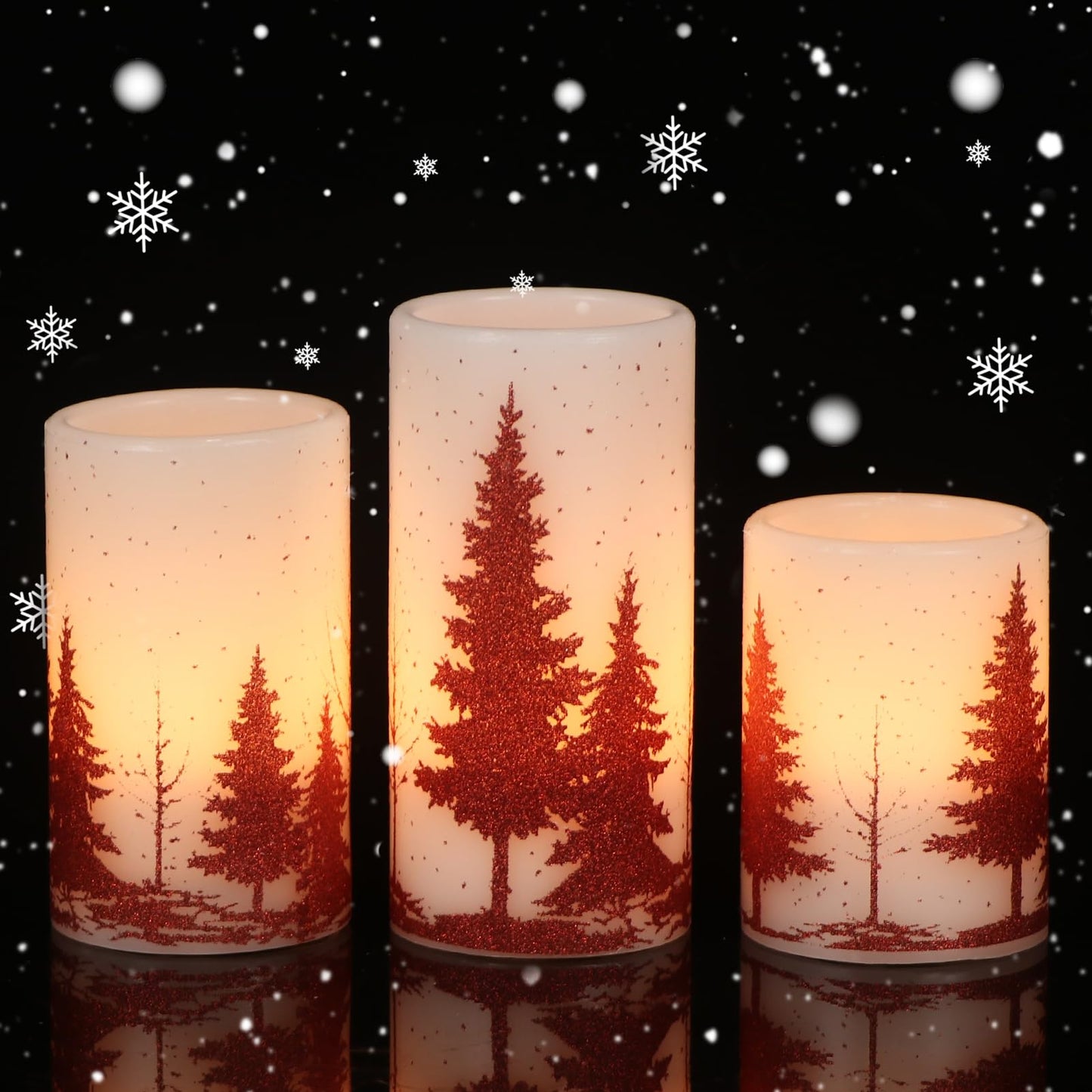 Eldnacele Christmas Flickering Flameless Candles with 6 Hour Timer, Red Christmas Tree Decal Battery Operated Real Wax LED Pillar Candles Home Tabletop Holiday Decor(3Pcs,3×4/5/6 Inches)