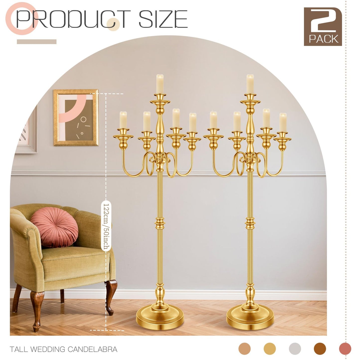 2 Pcs Gold Wedding Floor Candelabra 50 Inch Antique Led Candle Stand Metal 5 Arm Candelabra Centerpiece Decoration for 5 Candlesticks Bridal Shower Christmas Aisle Event Birthday Party Ceremony Home