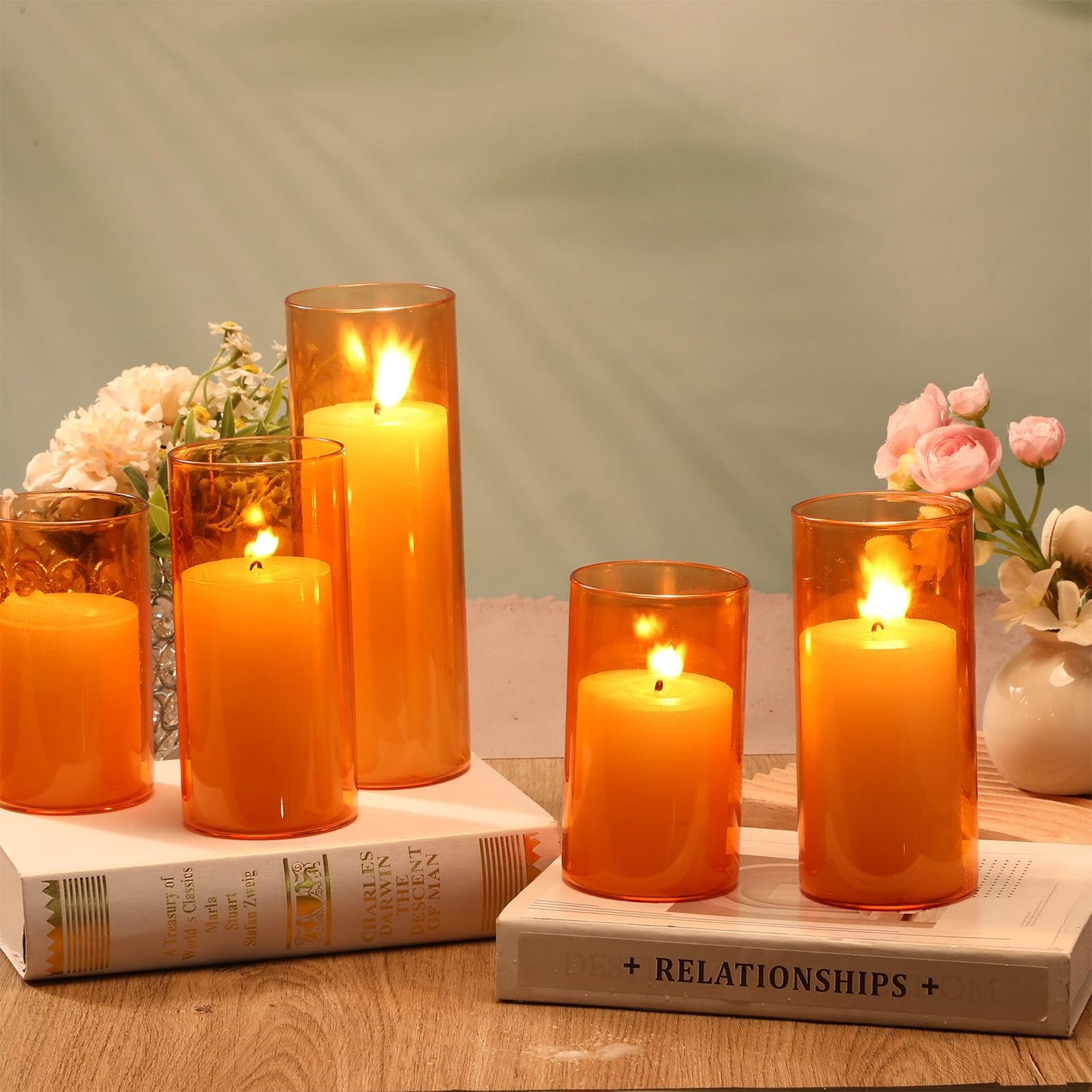 Shihanee Set of 6 Pillar Candles and Glass Cylinder Vases Clear Cylinder CandleHolders for Slim Tall Pillar Candles Wedding Centerpieces(2.8'' X 4.7", 5.9", 7.9",Orange)