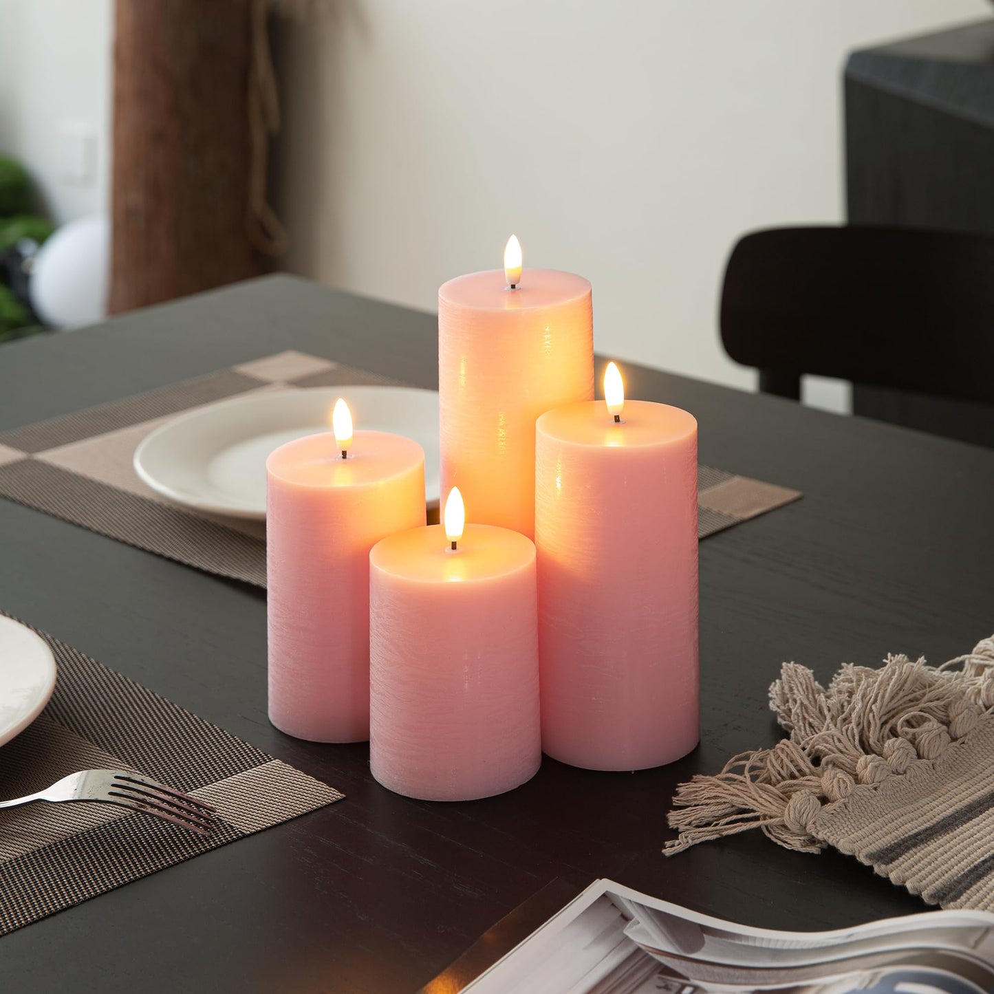 LUSHARBOR Flameless Candles, 4 Pack Battery Operated Candles with Remote, Real Wax LED Fake Candles with Timer Flickering for Christmas Wedding Home Party D3 H 5" 6" 7" 9" Pink