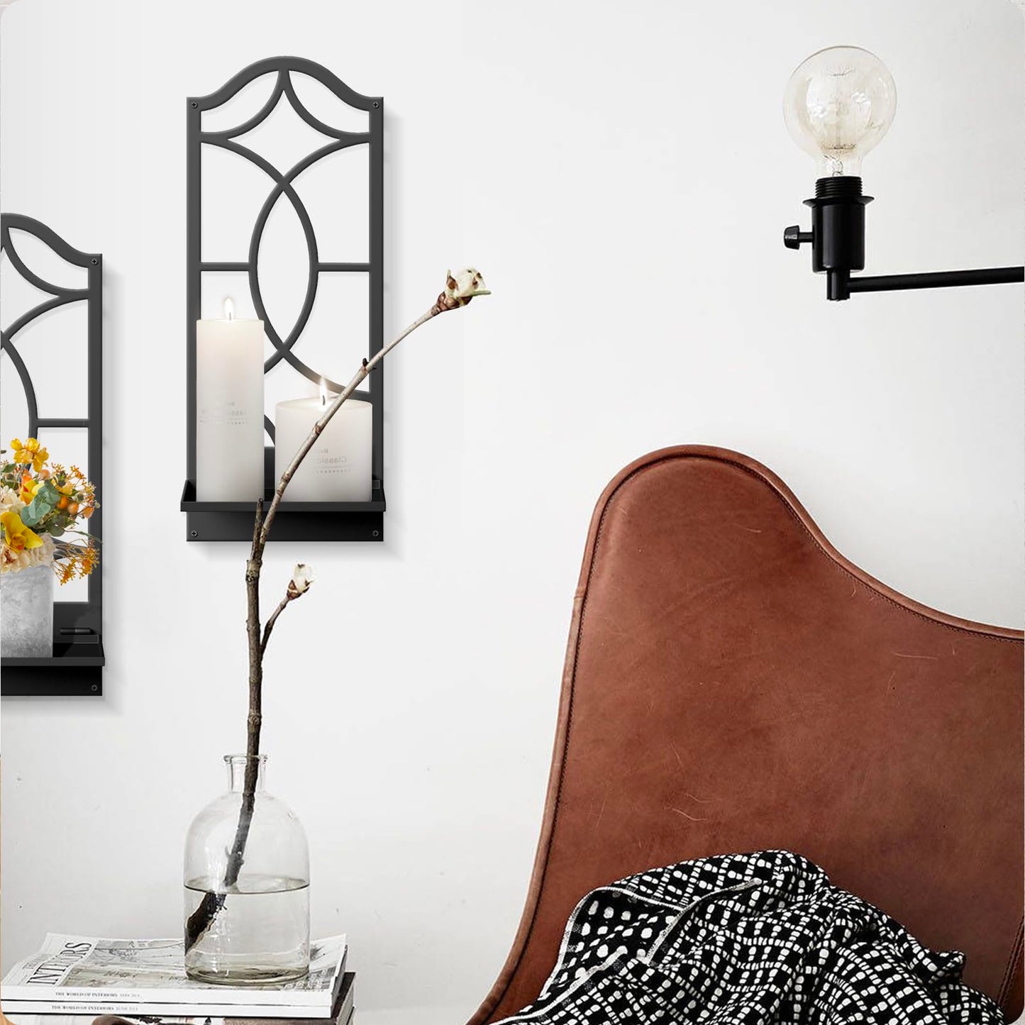 Candle Wall Sconces Set of 2, Black Metal Wall Art Decor for Living Room, Dining Room, Bedroom, Bathroom (16.5 x 7 in)