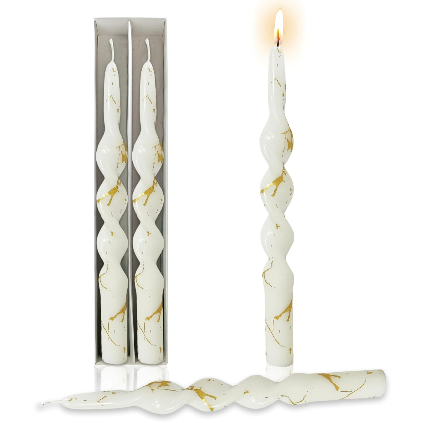 Elegant Gold Marble Spiral Candles Set of 2, 10 Inch Handmade Taper Candles, Unscented Candlesticks, Tapered Candles for Wedding Dinner Table Home Decor Gift