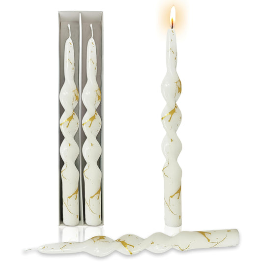 Elegant Gold Marble Spiral Candles Set of 2, 10 Inch Handmade Taper Candles, Unscented Candlesticks, Tapered Candles for Wedding Dinner Table Home Decor Gift