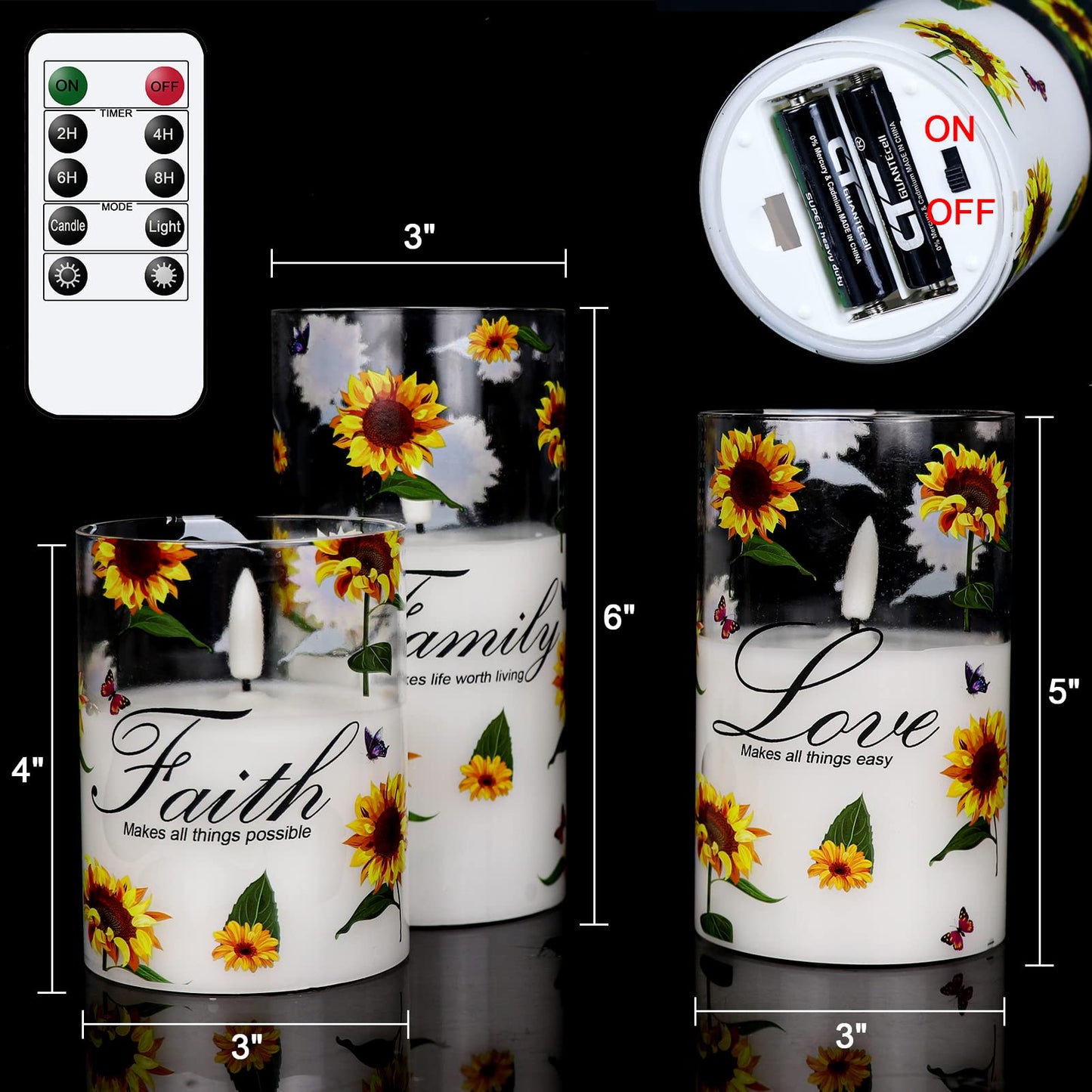 DRomance Sunflower Glass Flameless Candles with Remote Timer Battery Operated LED Pillar Candles Real Wax 3D Wick Flickering Warm Light Wedding Dinner Holiday Spring Candle 3 x 4,5,6 Inches