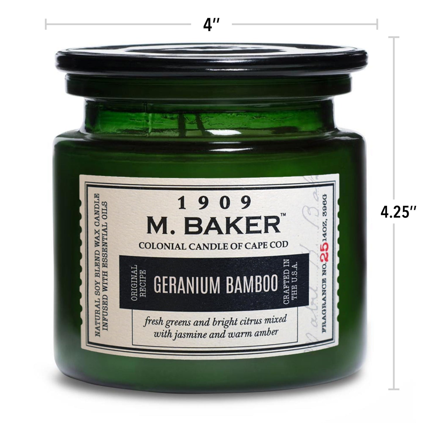 Colonial Candle Geranium Bamboo Scented Candle, 2-Wick Natural Soy Blend Wax Candle Infused with Essential Oils, 14 oz Apothecary Glass Jar Candle - Made in The USA