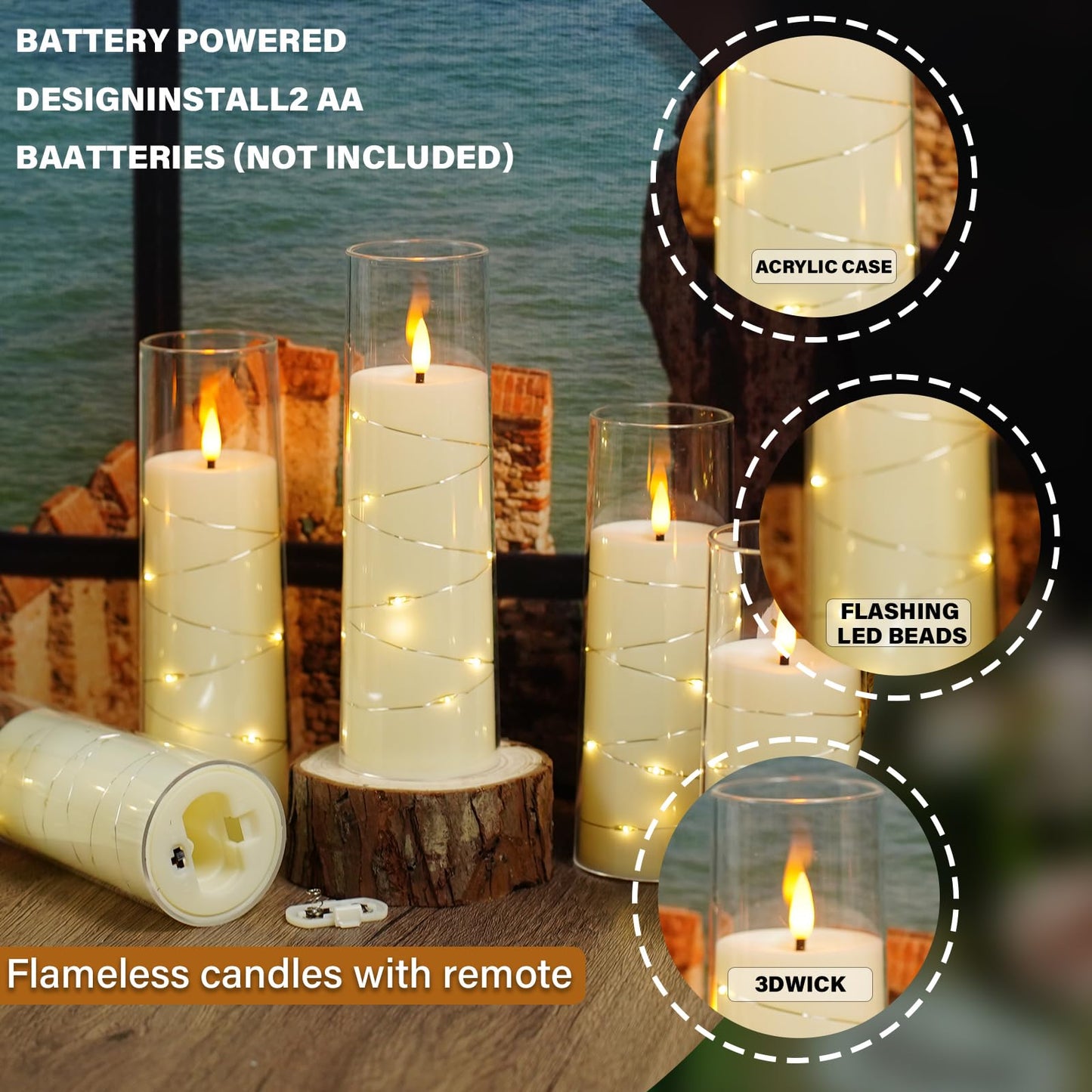 Nimiko Flickering Flameless LED Candles,Battery Operated Candles 9 Pcs with Embedded Star String,Acrylic LED Pillar Candles with Remote,Suitable for Home Decoration to Create an Atmosphere (Ivory)