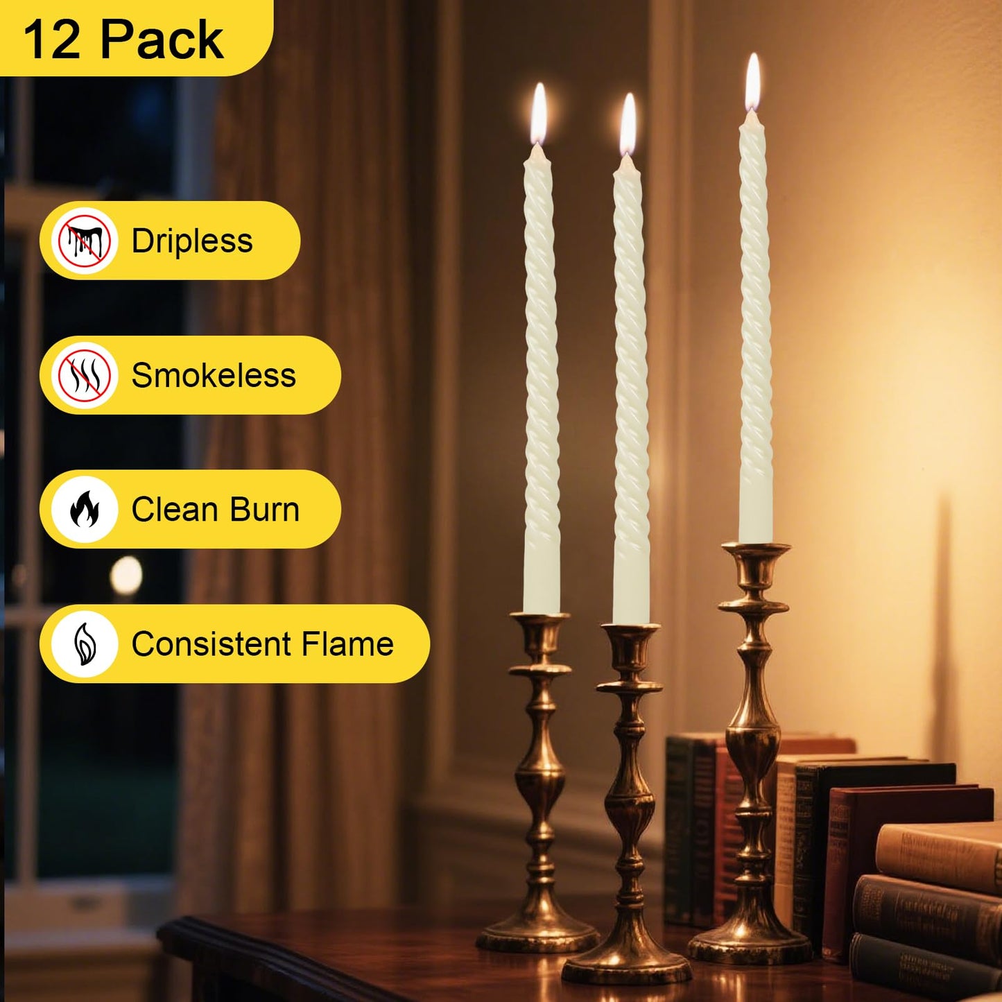 Tobeape 12 Pack 10 Inch Tall Ivory Spiral Taper Candles, Unscented Dripless Twisted Wax Cream Candles for Holiday Celebration Wedding Birthday Party Display Home Decor - 8 Hour Long Burning