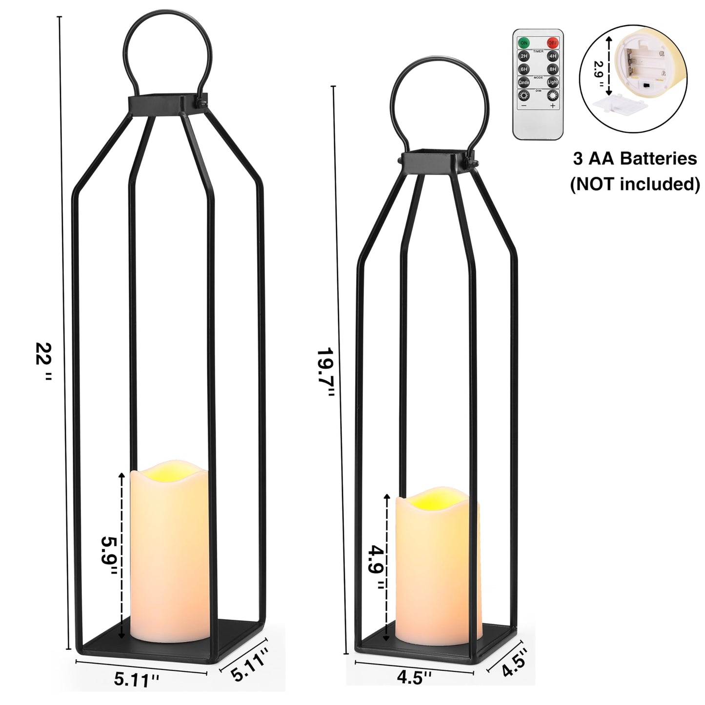 Perfnique Modern Farmhouse Lantern Decor, 19.7'' 22'' Set of 2 Black Metal Lanterns, 2 LED 6hr Timer Flickering Flameless Candles, Lanterns Decorative for Porch, Patio, Fireplace Mantle, Christmas