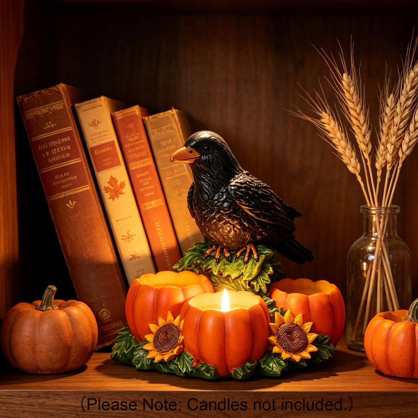 Halloween Raven Candle Holder Resin Black Crow Figurine with 3 Pumpkin Tealight Holders & Sunflower, Halloween Table Decorations for Fall Harvest Centerpiece and Thanksgiving