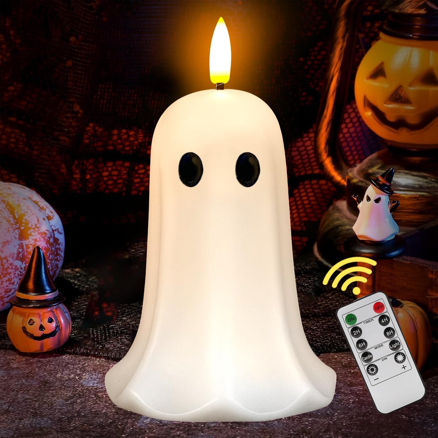 Halloween Ghost Flameless Candle with Timer – LED Candle with Flickering Flame, Real Wax, Remote Control, Spooky Halloween Decorations Indoors, Cute Tabletop Decor for Mantel Home, Battery Operated