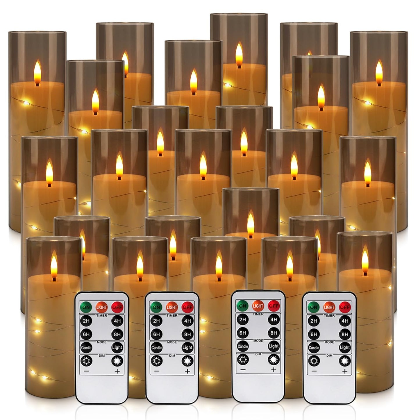 24-Pack Gray Flameless Candles with Remote Control, Battery-Powered LED Candles with Embedded Star String Lights & Realistic Flickering Flame. with Timer for Christmas, Home, Wedding, Fireplace Mantle