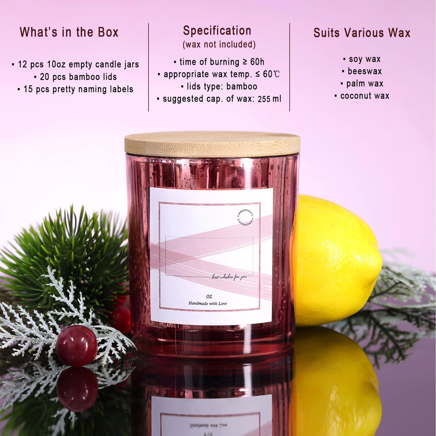 LAMORGIFT 10oz Rose Gold Empty Candle Jars With Lids - 12 Pack Making Containers - Mercury Glass Jars Include 15 Pcs Labels