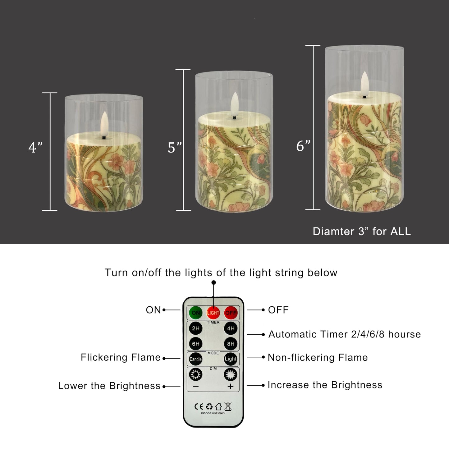 Flickering Flameless Candles Pink Floral, Embedded Star String Lights, Battery Operated Acrylic LED Pillar Candles with 11-Key Remote and Timer for Home Decoration, 3 Pack