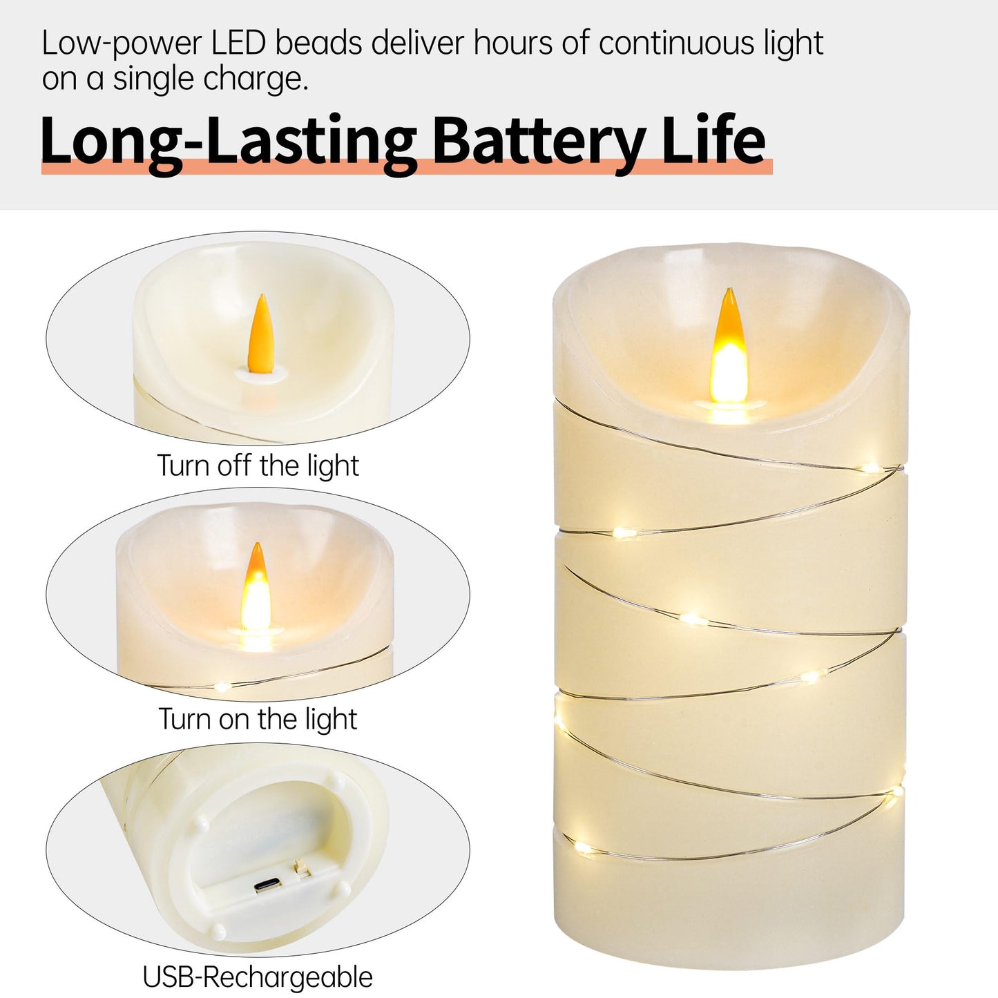 haitanghua Rechargeable Flameless Candles Set of 3, Real Wax LED Pillar Candles with Flickering Flame & Fairy String Lights, USB Rechargeable, Remote Control & 2/4/6/8H Timer, Ivory