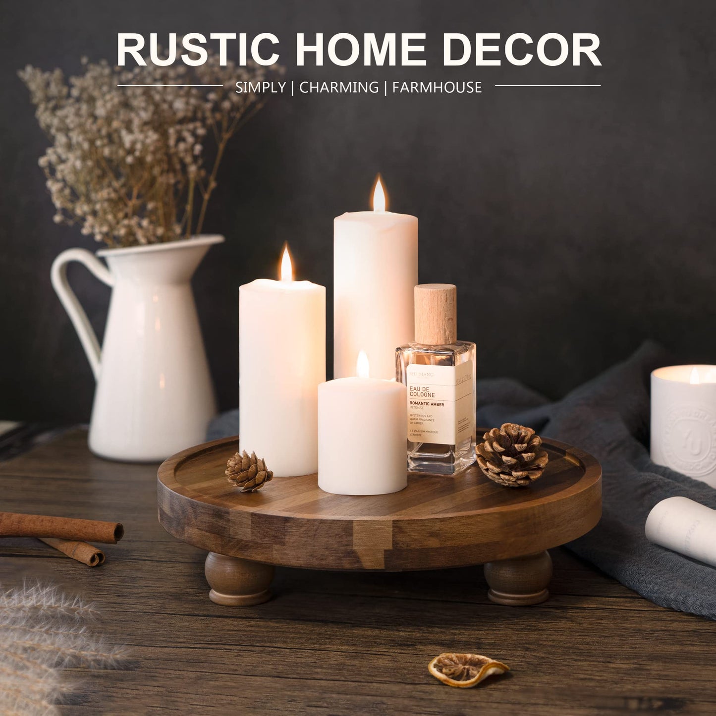 EOSAHR Wooden Riser for Display : Farmhouse Pedestal Stand for Your Kitchen Counter & Home Decor - Chic Round Waterproof Bathroom Trays for Soap, Plants, Jewelry, Perfume (Acacia Wood)
