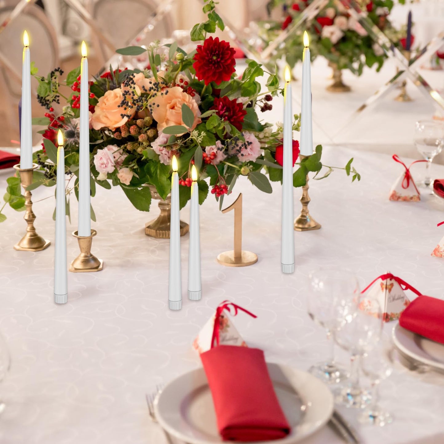 Rossesay 48 Pcs Flameless LED Taper Candles Battery Operated Candles 4 Sizes of 8.5'', 9.65'', 10.83'', 12.8'' Flameless Candlesticks Flickering for Halloween Christmas Church Wedding(White)