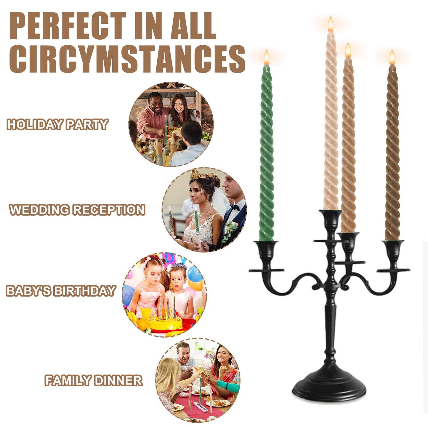 Whaline 8 Pcs 10 Inch Woodland Spiral Taper Candles Green Brown Dripless Twisted Wax Candles Long Unscented Candle Sticks for Home Forest Party Table Decor Supplies