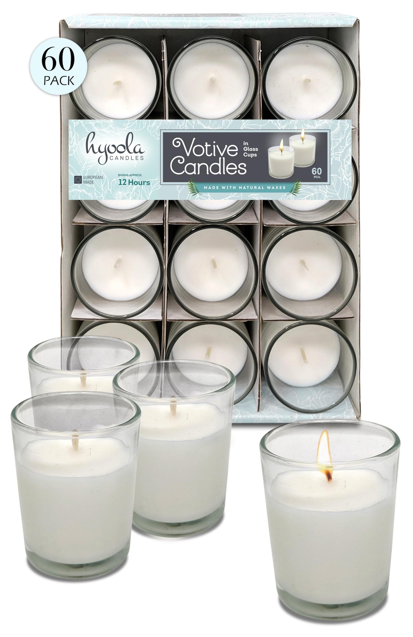 Hyoola White Votive Candles in Glass - Pack of 60 Votive Candle - 12 Hour Burn Time - Unscented Votive Candles - European Made Glass Votives