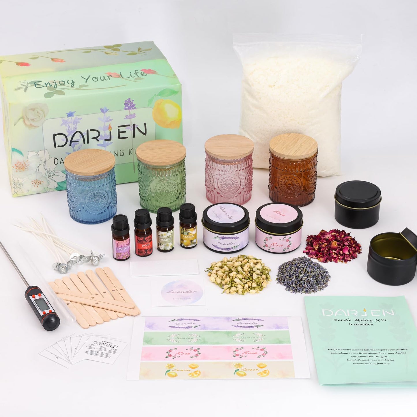 DARJEN Candle Making Kits - Soy Candles Making Supplies for Adults Including 4 Candle Jars(Amber, Pink, Blue, Green), Candle Tins, Wax, Scents, Dried Flower & More, DIY Arts & Crafts Kits Home Decor