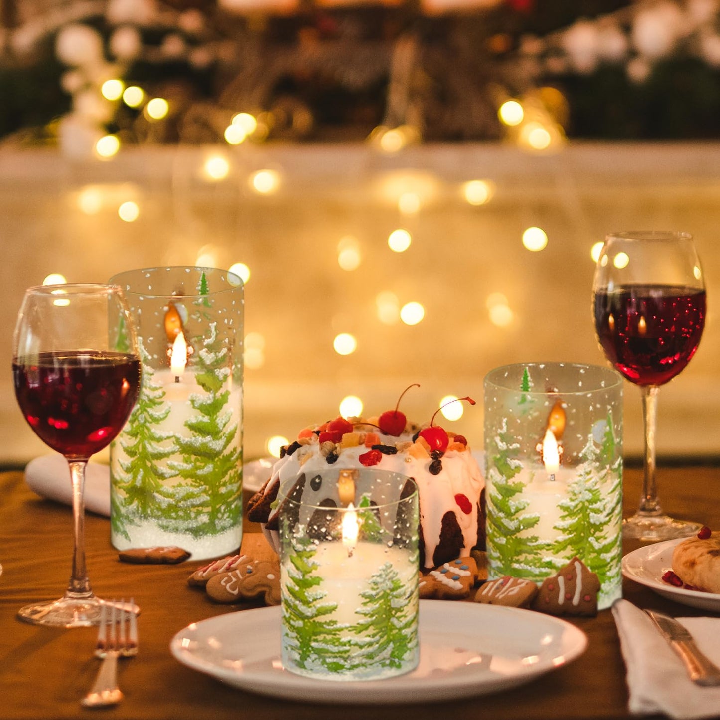 Wondise Christmas Tree Glass Flameless Candles, Battery Operated Flickering Candles with Remote and Timer, Real Wax LED Pillar Christmas Candles for Christmas Holiday Decor D3 x 4",5",6"