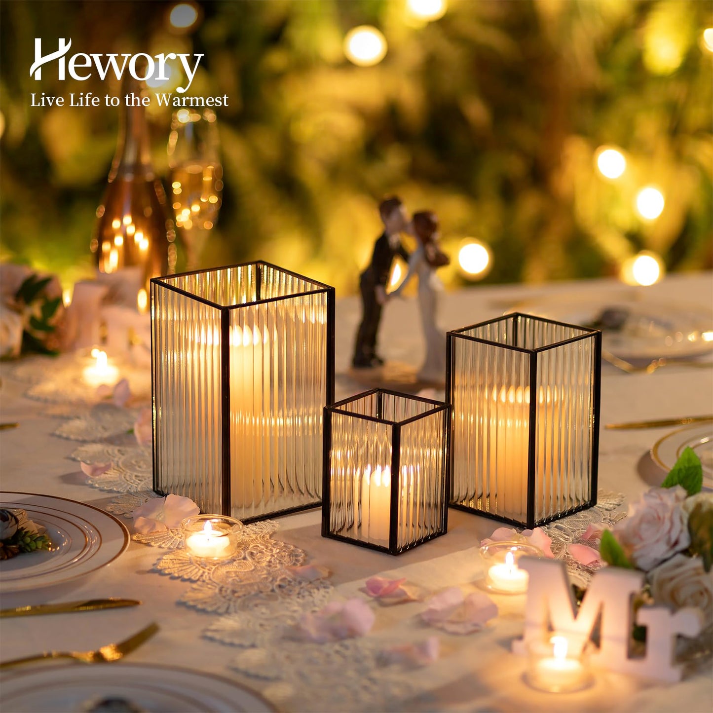 Hewory Black Hurricane Candle Holder: 6 PCS Ribbed Hurricane Glass Candle Holders for Pillar Candles, Square Pillar Candle Holders for Table Centerpiece Wedding Christmas, Home Decor for Kitchen Patio
