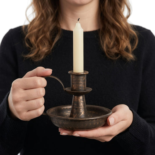 Vintage Iron Taper Candle Holder: Retro Bronze Candlestick Stand with Handle and Tray for Tea Light Candles Farmhouse Table Decor, Halloween Christmas Easter Wedding Party Table Centerpiece