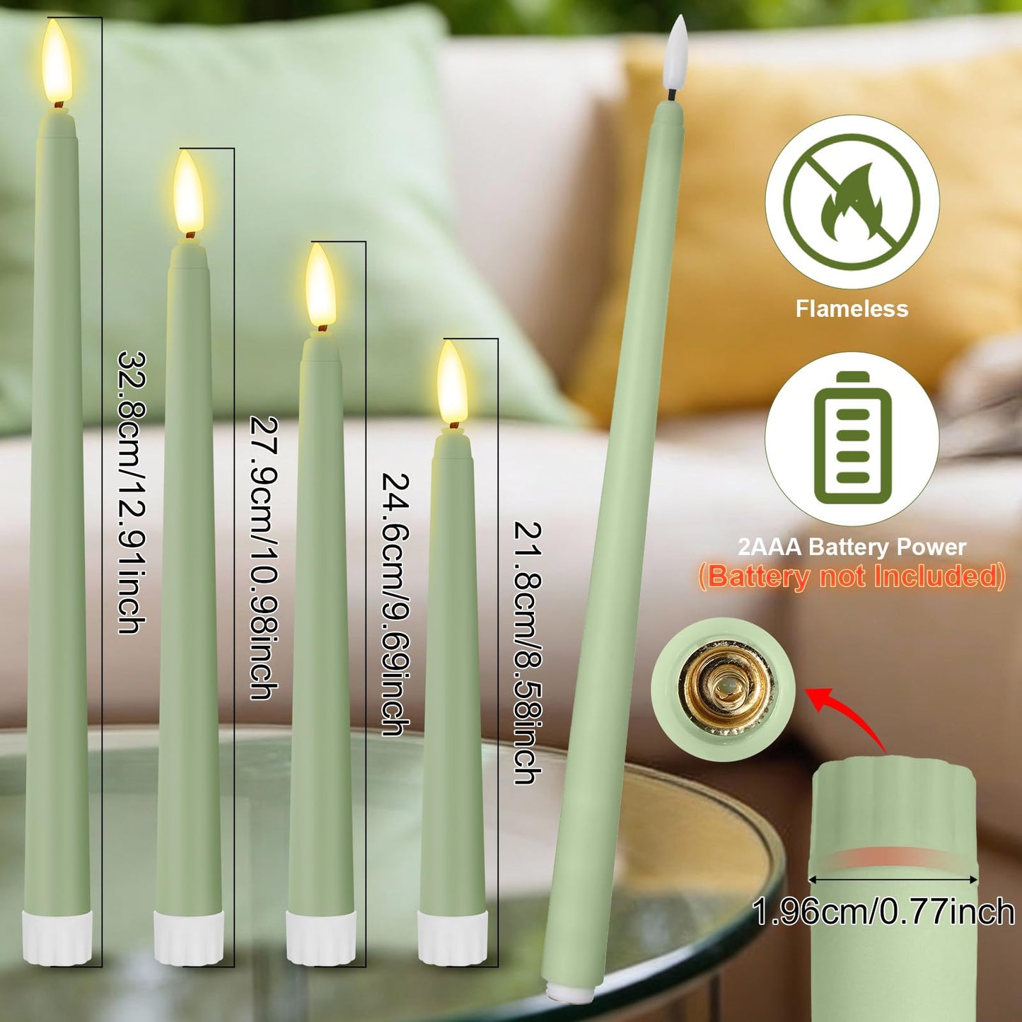 Rossesay 24 Pcs Flameless LED Taper Candles Battery Operated Candle 8.5", 9.65", 10.8", 12.8" Flameless Candlesticks Flickering for Christmas Church Wedding Indoor Decoration(Classic, Rat Tail Green)