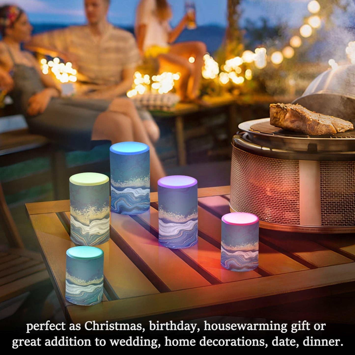 BOENLE Flickering Flameless Candles, Navy Blue Marble Golden Veins LED Candles with Remote Timer, Set of 2 Battery Operated Candle for Valentine Wedding Birthday