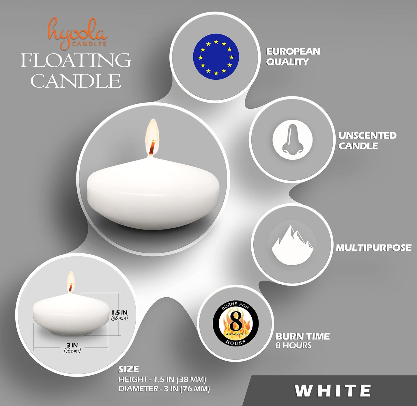 Hyoola Premium White Floating Candles 3 Inch - 8 Hour - 12 Pack - European Made