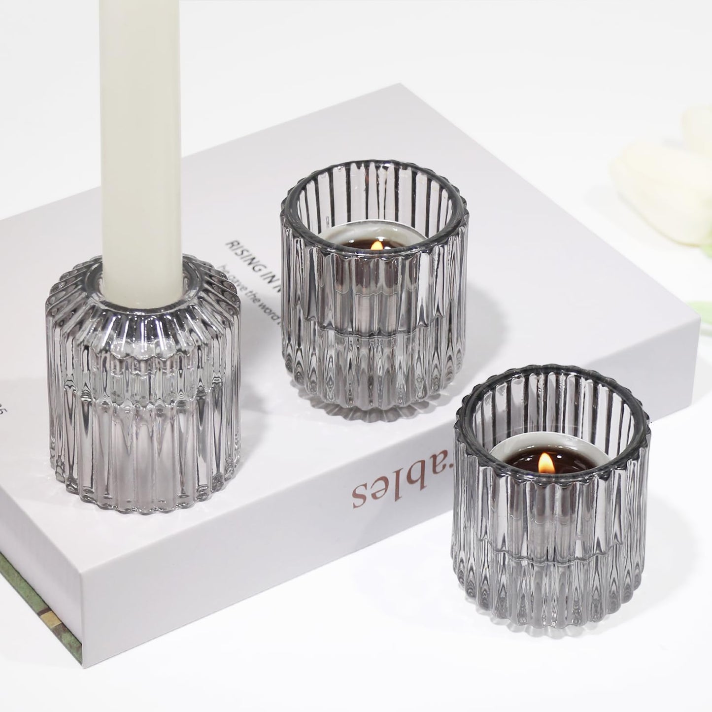 CHOCSTAY Reversible Gray Glass Candle Holder Set of 6, Thick Heat-Resistant Glass Candlestick Holders for Taper, Tealight, Votive, LED Candles, Perfect for Wedding, Party, Home Décor