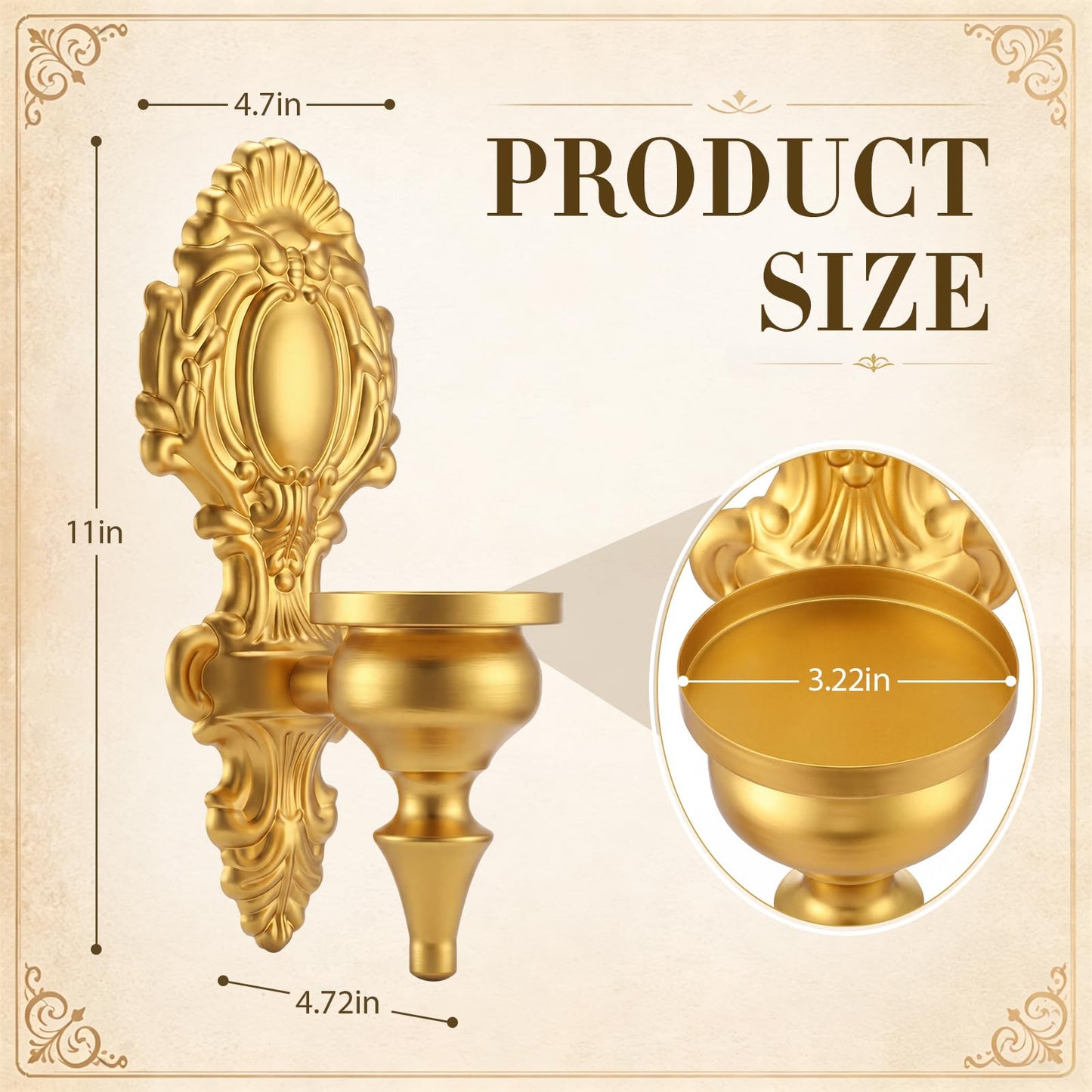 Ferrochef 2 Pack Gold Candle Sconces for Tapered Candlestick Gold Candle Wall Sconce Holder Iron Candelabra Rustic Home Decor Metal Gothic Wall Decorations Brass Baroque Decor for Living Room Hallway