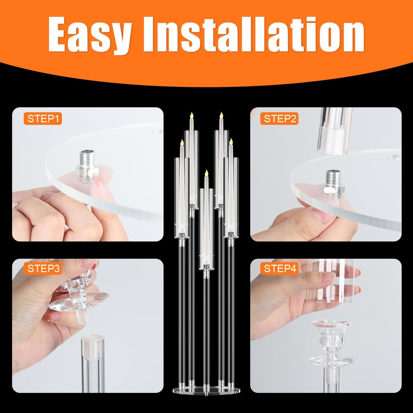 4 Pack Acrylic Candelabra Centerpieces, 5 Arm Clear Candlestick Holder with Acrylic Shade, 3 Height Adjustable Taper Candle Holder for LED Candles (Diameter ≤0.86”), Wedding Table Decoration 1 S