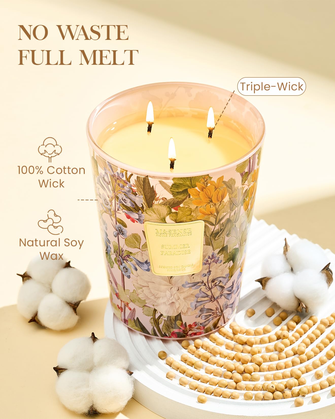 M&SENSE Summer Paradise Soy Candle, Large 35oz 3 Wick Non Toxic 150H, Summer Citrus Vacation Scent, Natural Aromatherapy Calm Stress Relief Gifts