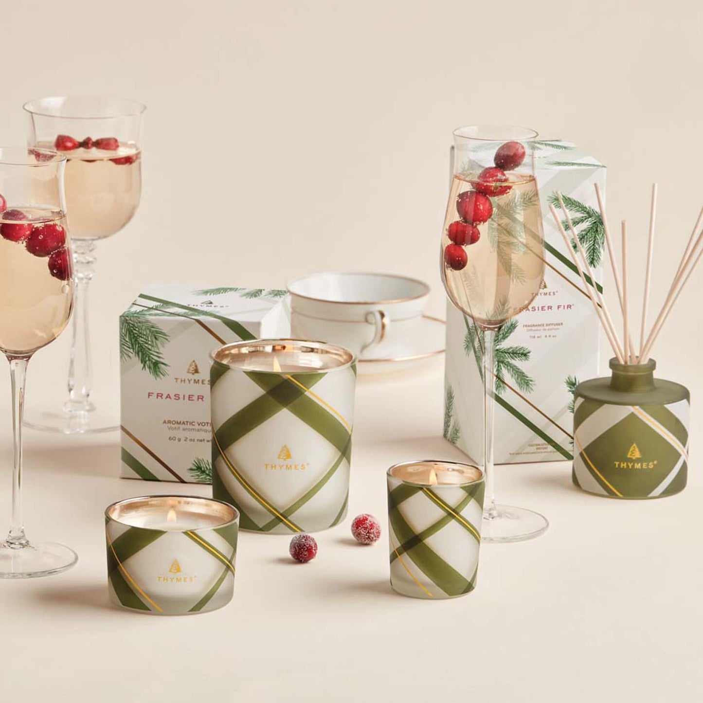 Thymes Frasier Fir Candle – Frosted Plaid Collection – Green & White Glass Jar Design – Scented Candles for Home Decor – Notes of Crisp Siberian Fir, Cedarwood & Sandalwood (Medium, 10 oz)